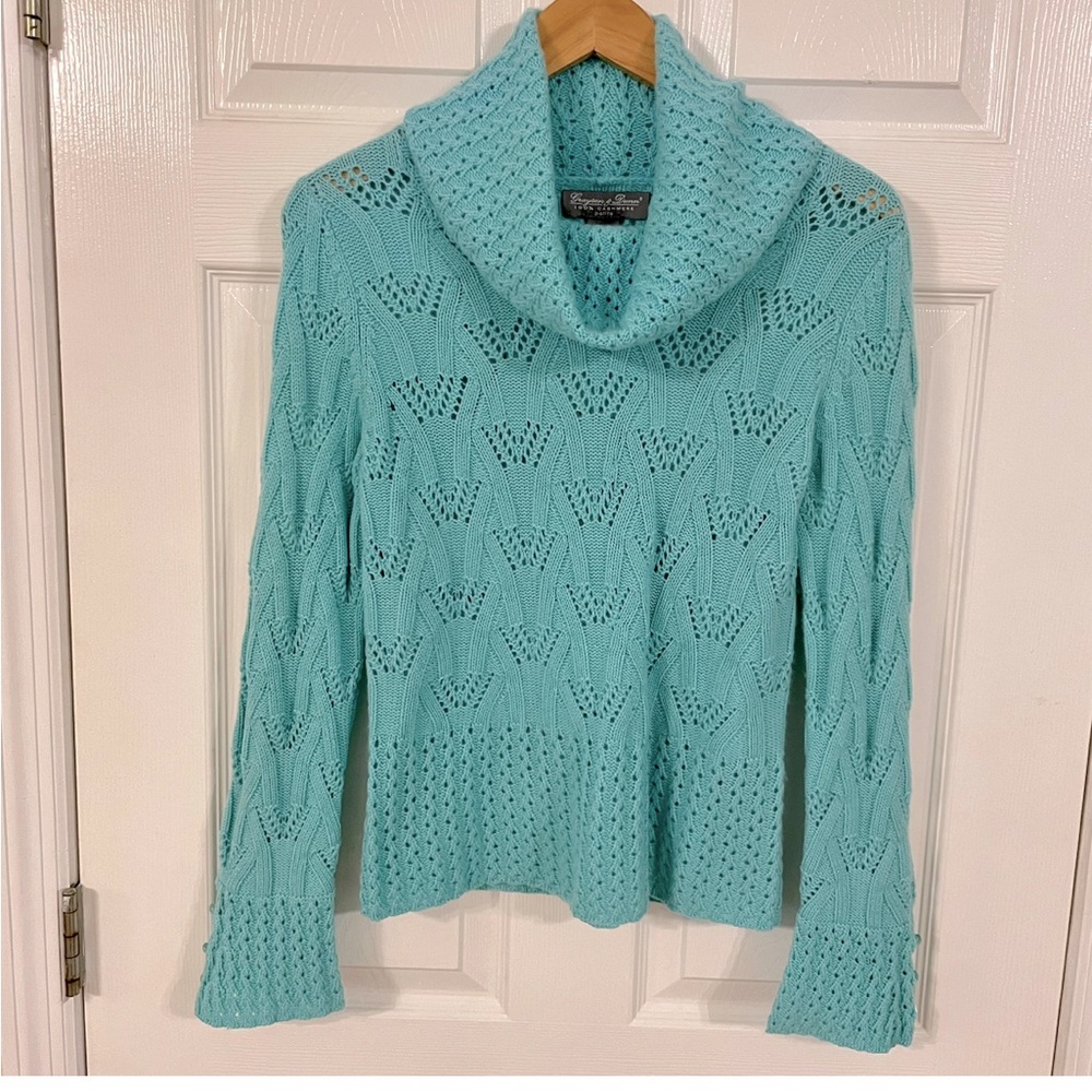 Grayson & Dunn 100% cashmere sweater cowl neck aqua green blue petite medium
